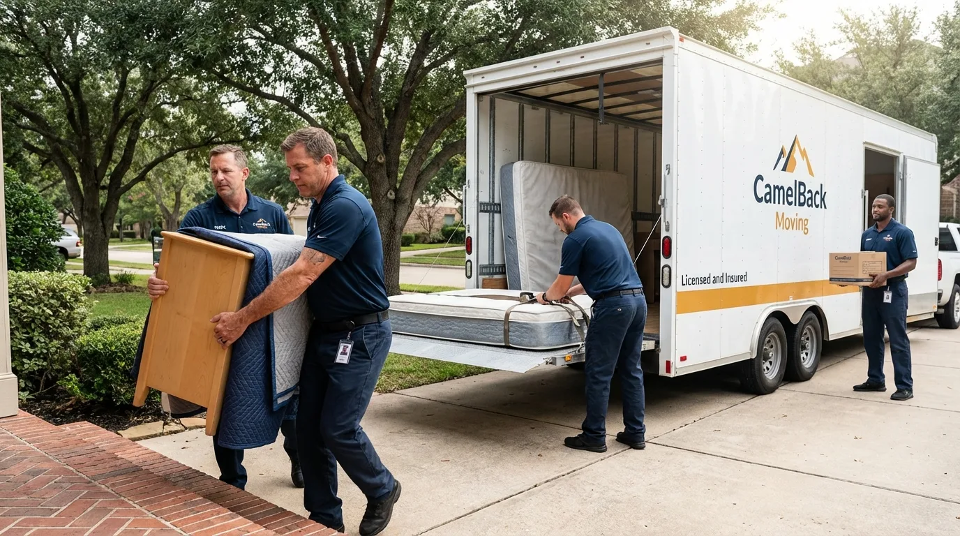 Crew loading residential truck for cross-state move from Tarpon Springs, FL