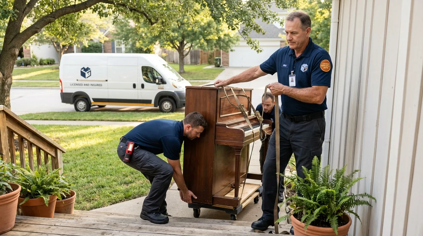 Licensed piano movers securing grand piano in Tarpon Springs, FL