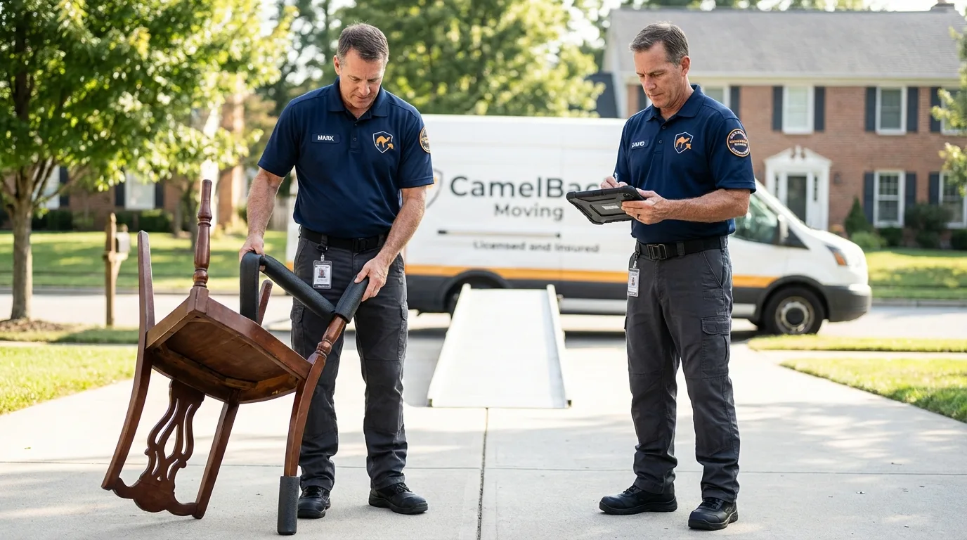 Movers inspecting furniture for damage prevention before loading in Tarpon Springs, FL