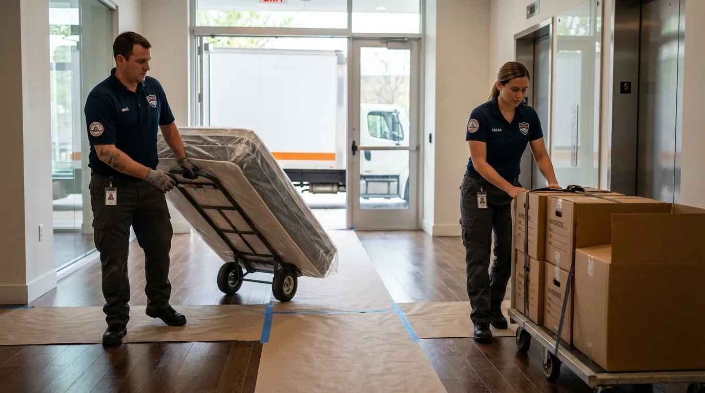 Professional apartment movers loading elevator in Tarpon Springs, FL