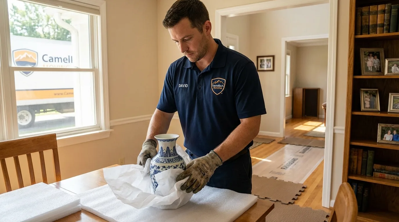Professional crew carefully wrapping antique vase for senior downsizing move in Tarpon Springs, FL